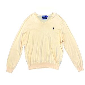Polo Ralph Lauren V Neck Sweater Size Large Yellow 100% Pima Cotton Preppy Golf